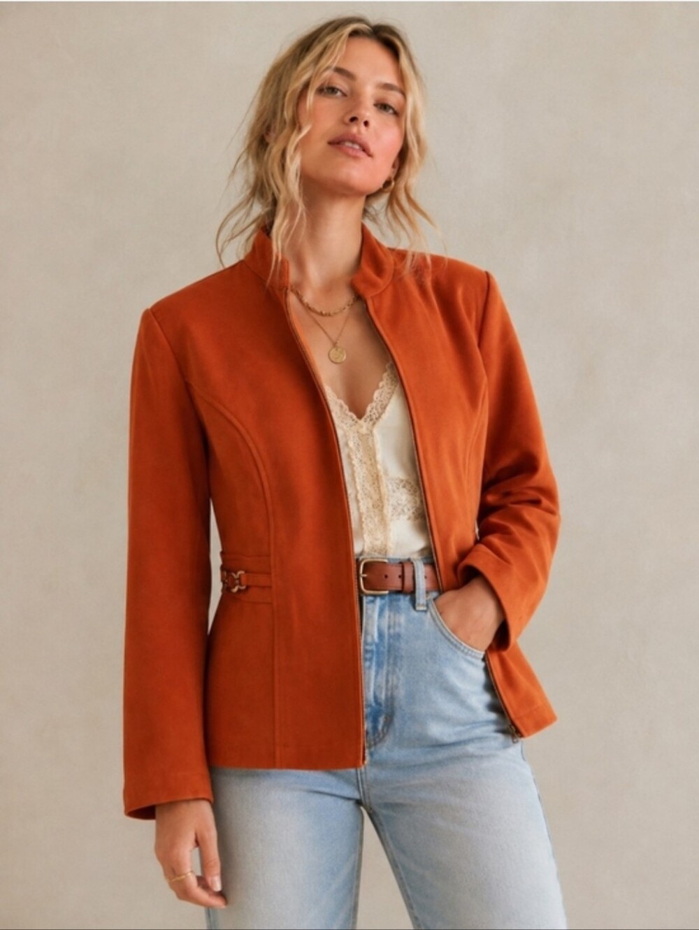 Notations Rust Tailored Faux Suede Jacket Brass Hardware Large EUC